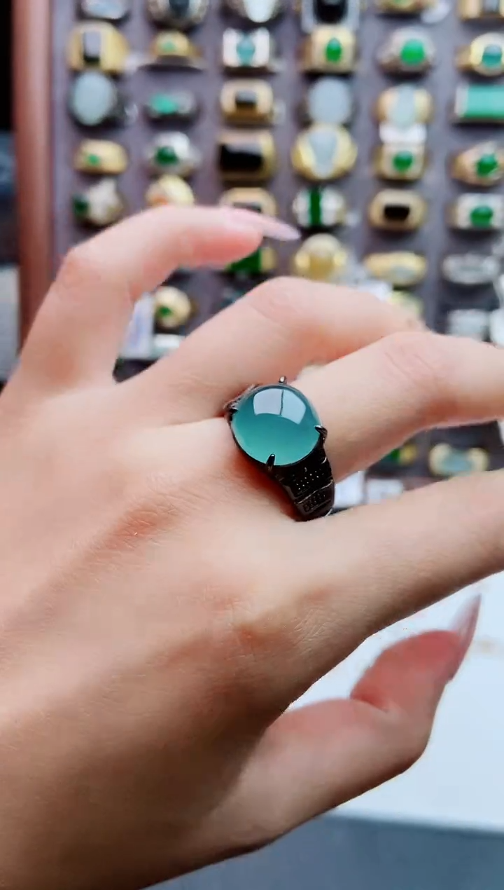 银S925镶嵌戒指翡翠天然翡翠男戒