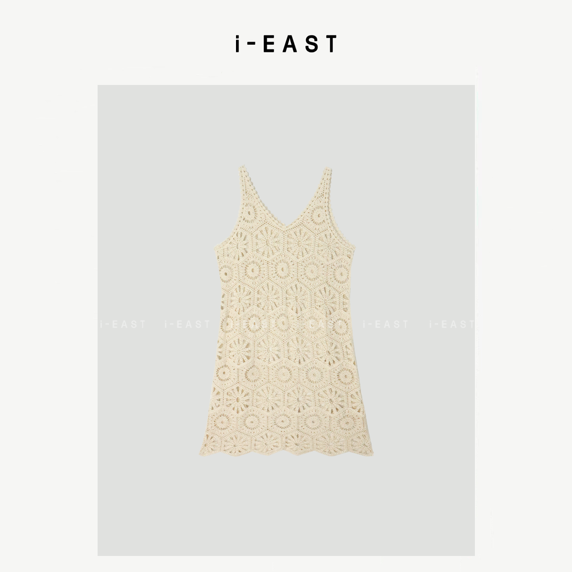 i-EAST 奶油夏尔加~手工钩花设计感V领无袖连衣裙-5C Q13376