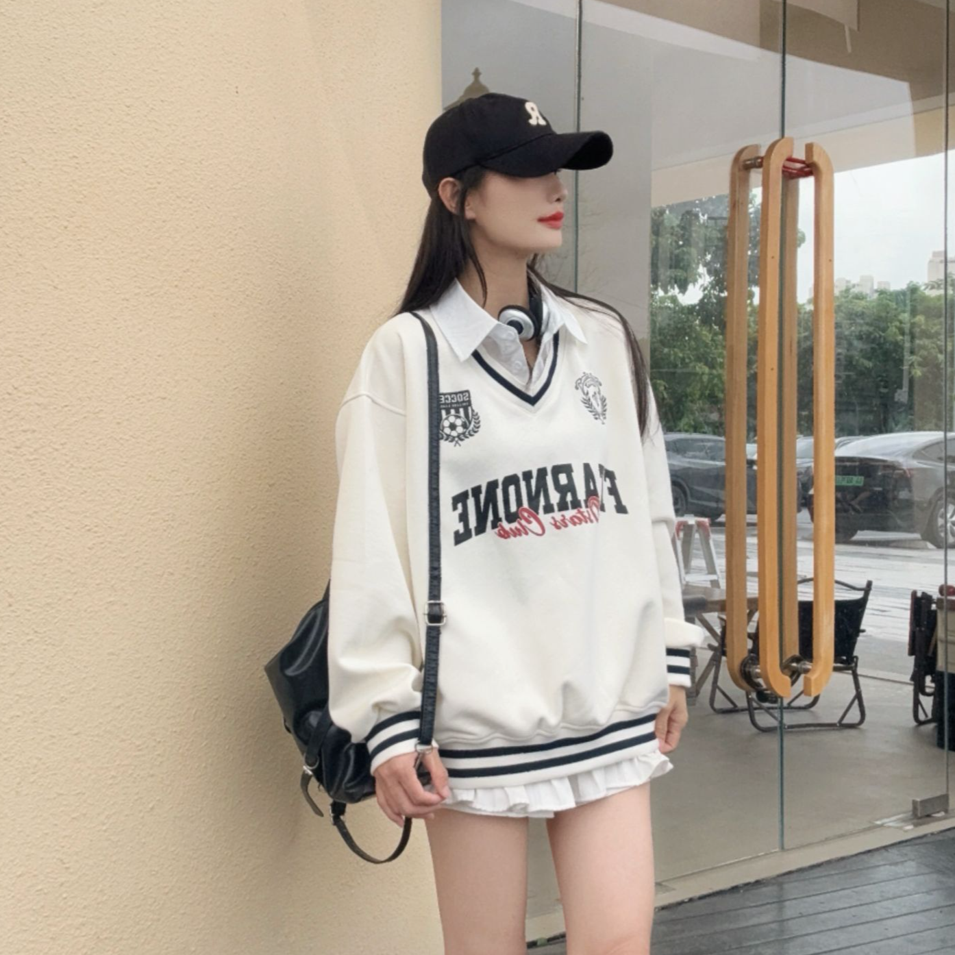 假两件v领卫衣时尚女潮酷大学生穿搭学院风卫衣