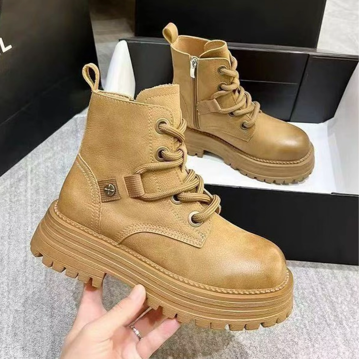 舒适厚底马丁靴时尚春秋鞋子女新款爆款大黄靴圆头系带短靴子1002