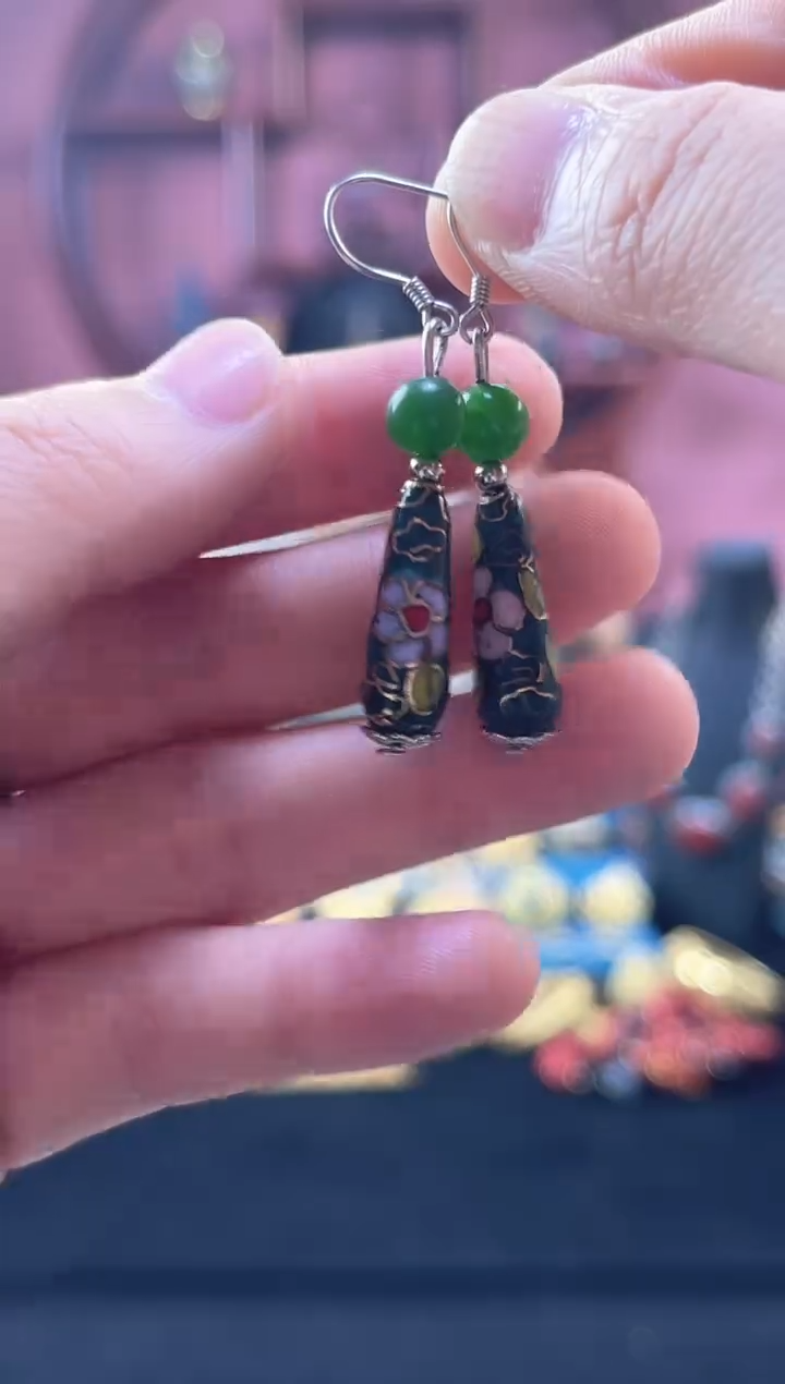 非遗 景泰蓝 耳环 水滴 墨绿