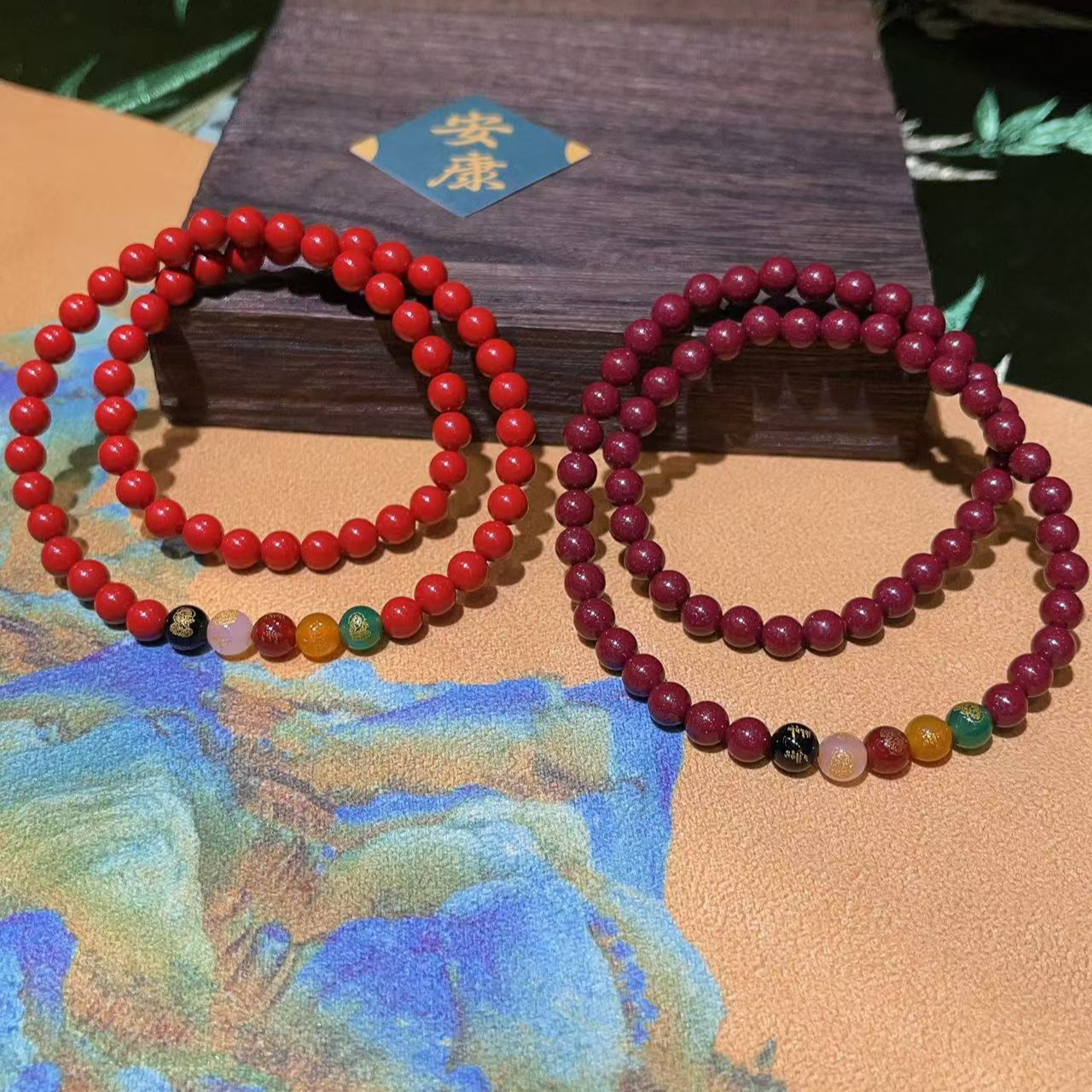 含辰砂工艺品五路财神双圈紫砂水飞红砂6mm手链008