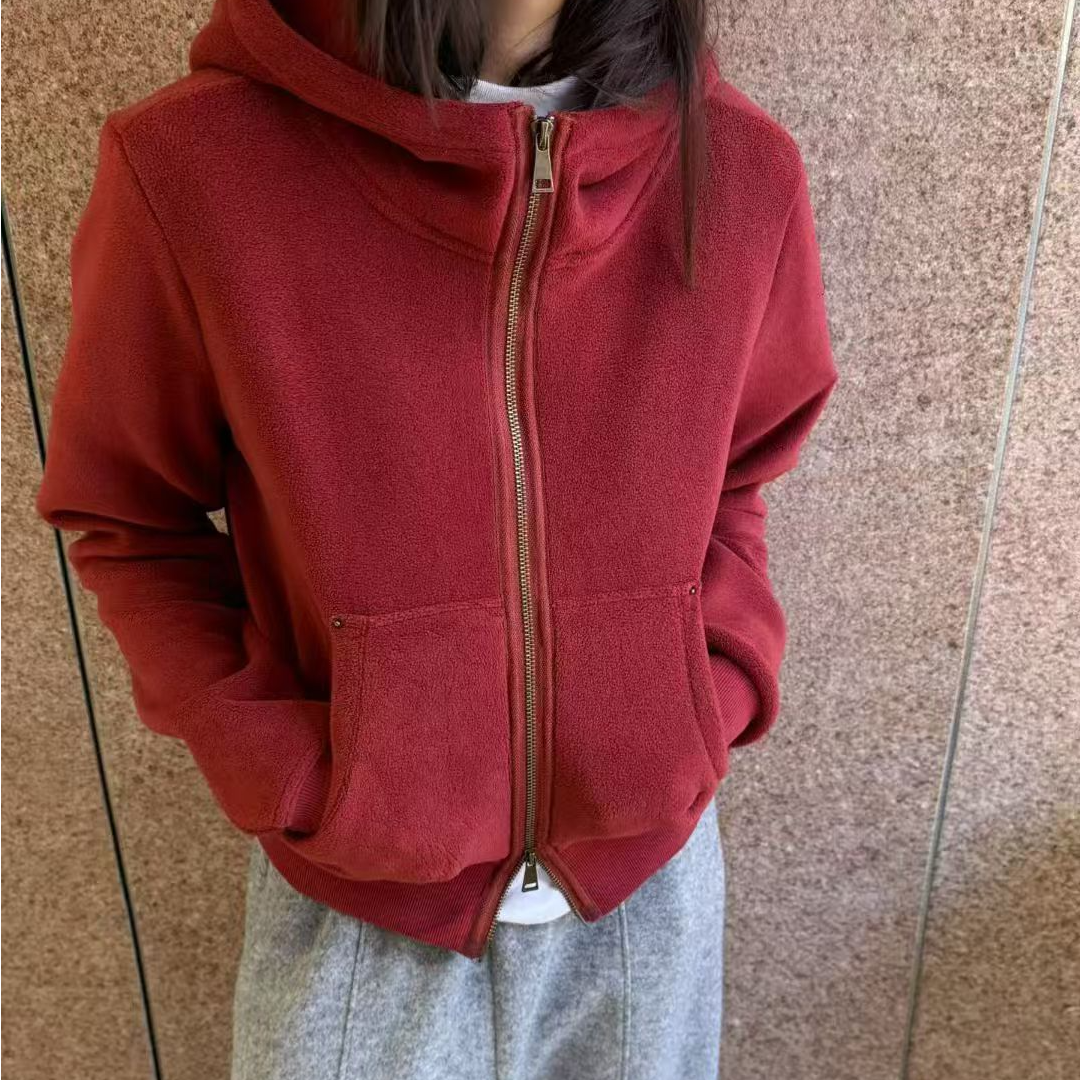 欧番茄红抓绒双拉链外套0842