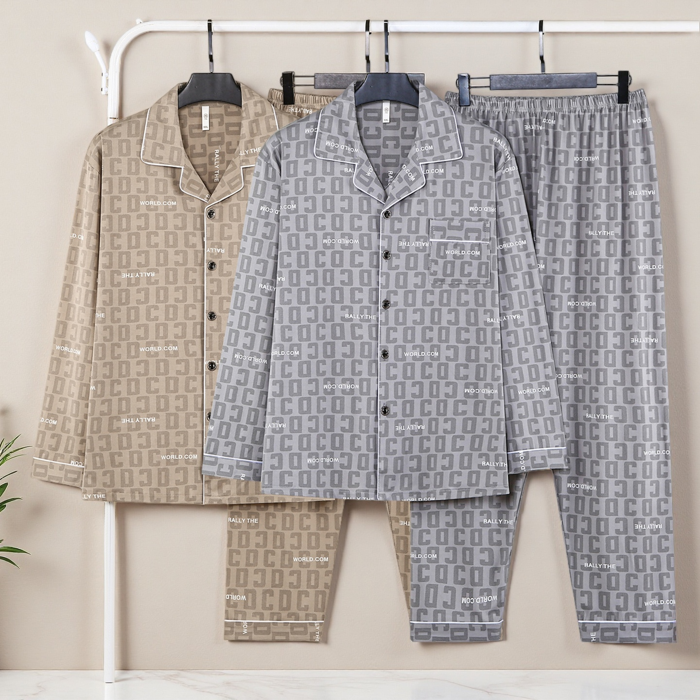 实体店品质棉质睡衣男士长袖春秋冬四季款字母显年轻家居服套装