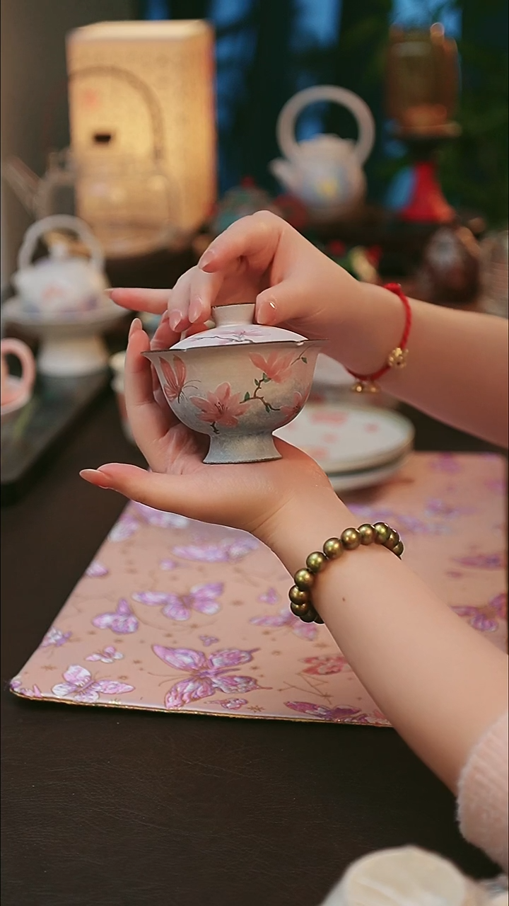 青云茶斋陶瓷茶具玉兰娇高脚盖碗