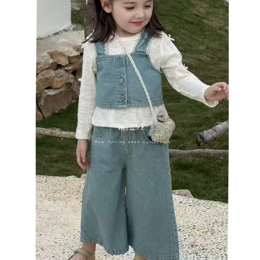 蝴蝶结上衣牛仔马甲裤子套装