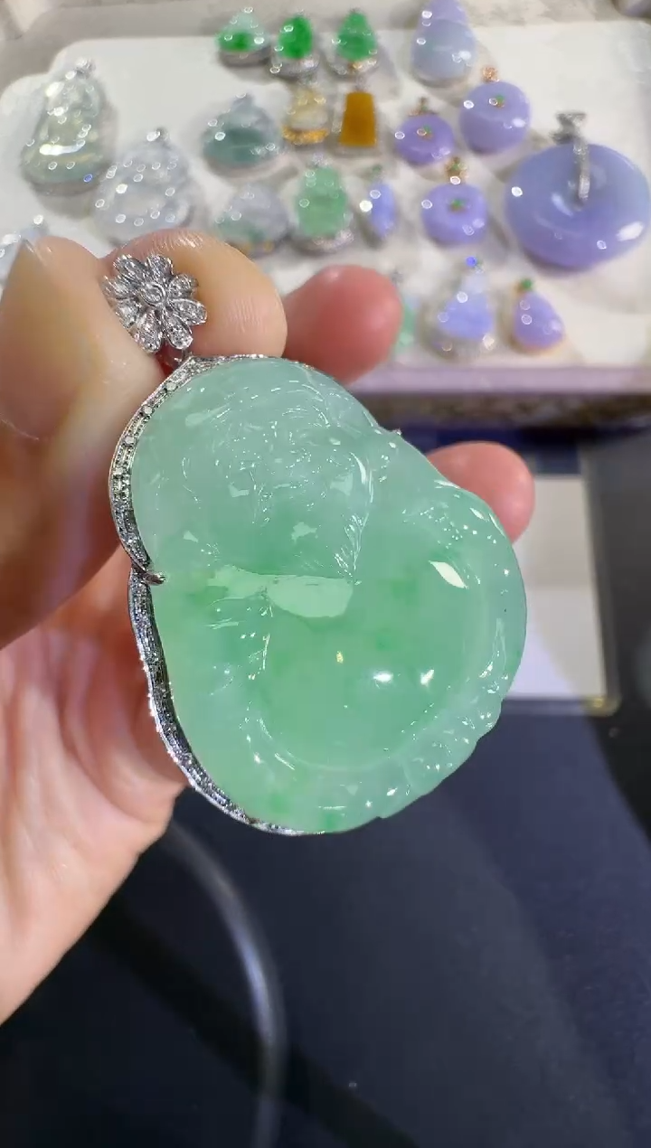 吊坠(不含链)18K金镶嵌翡翠【源头工厂】钻石镶嵌