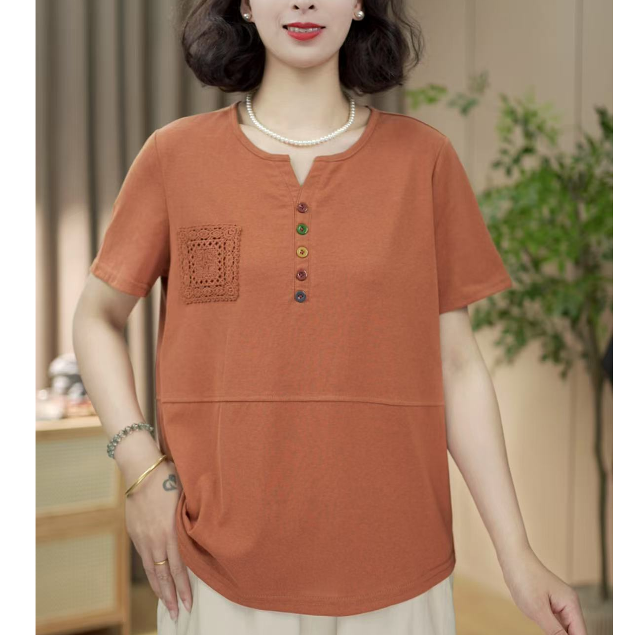 新款夏季薄款休闲气质宽松大码时尚洋气中老年纯色圆领中年妈妈装