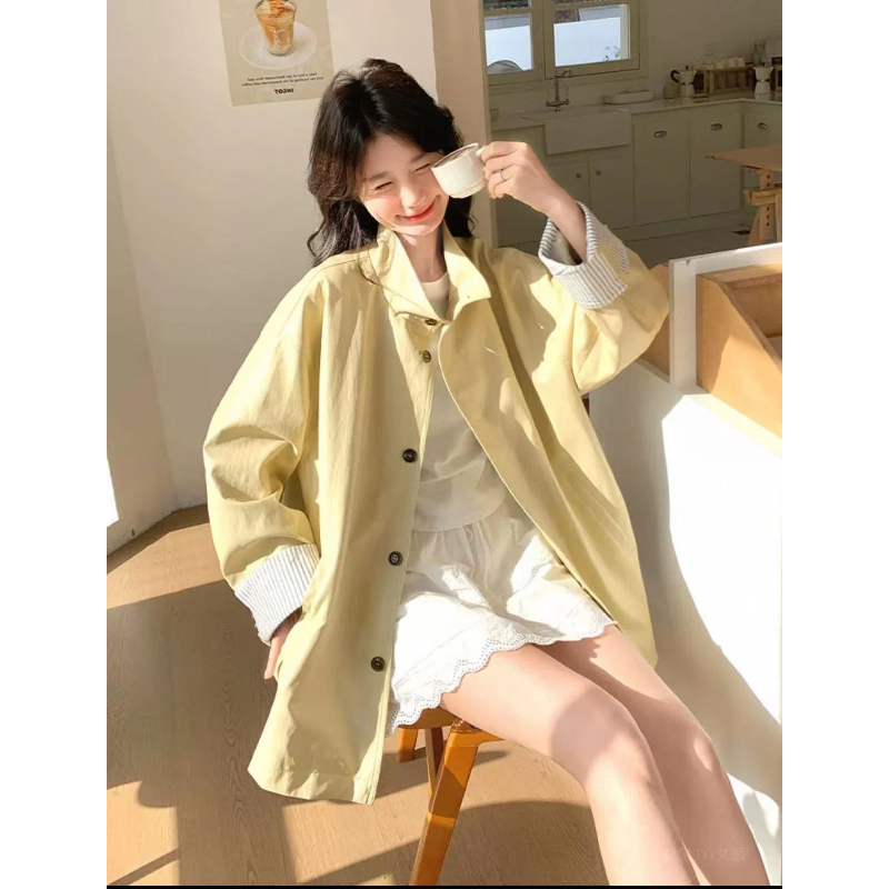 Y338506-秋季韩系新款高级感立领中长款风衣外套宽松百搭休闲