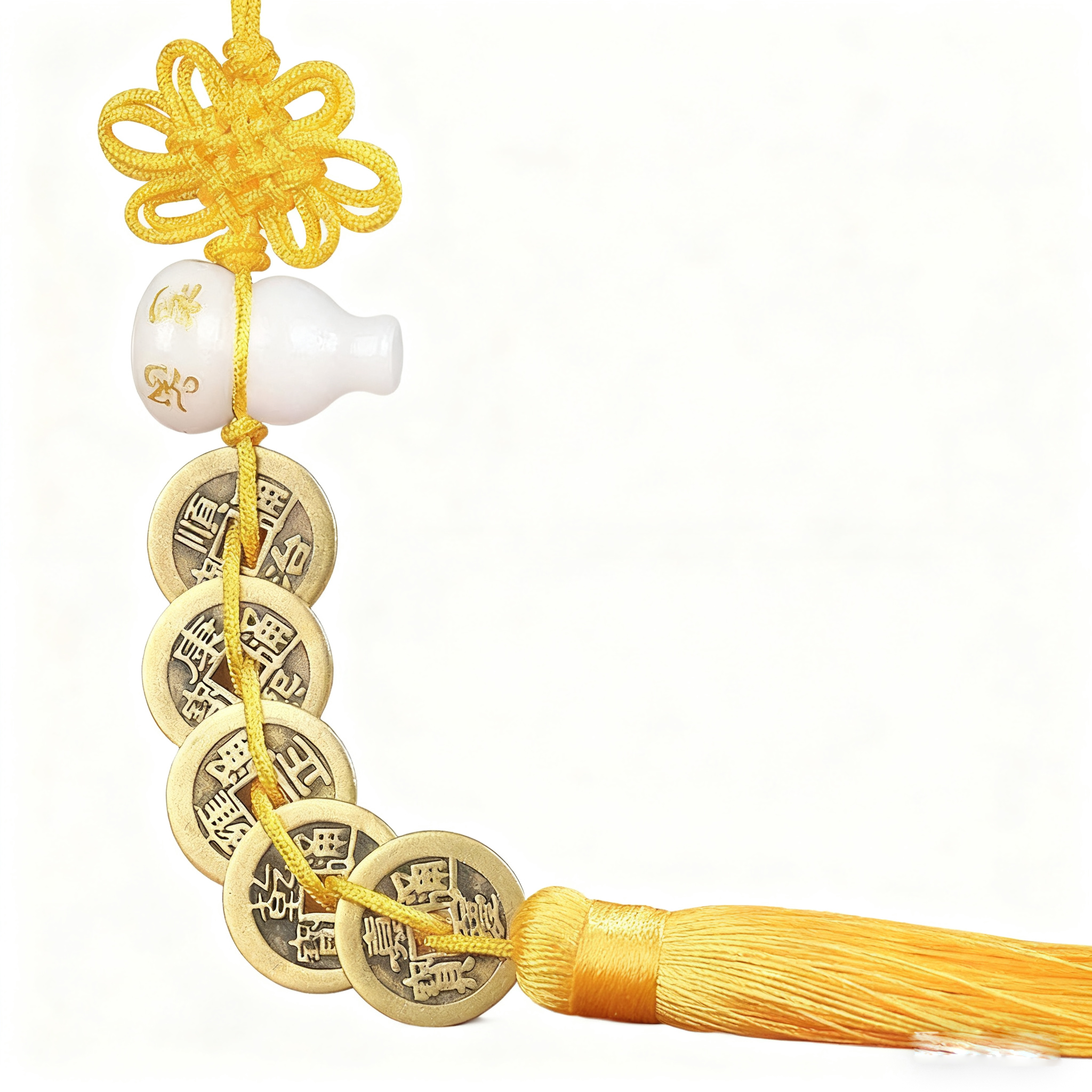 汉白玉葫芦搭配五帝钱六字真言挂件家居装饰摆件