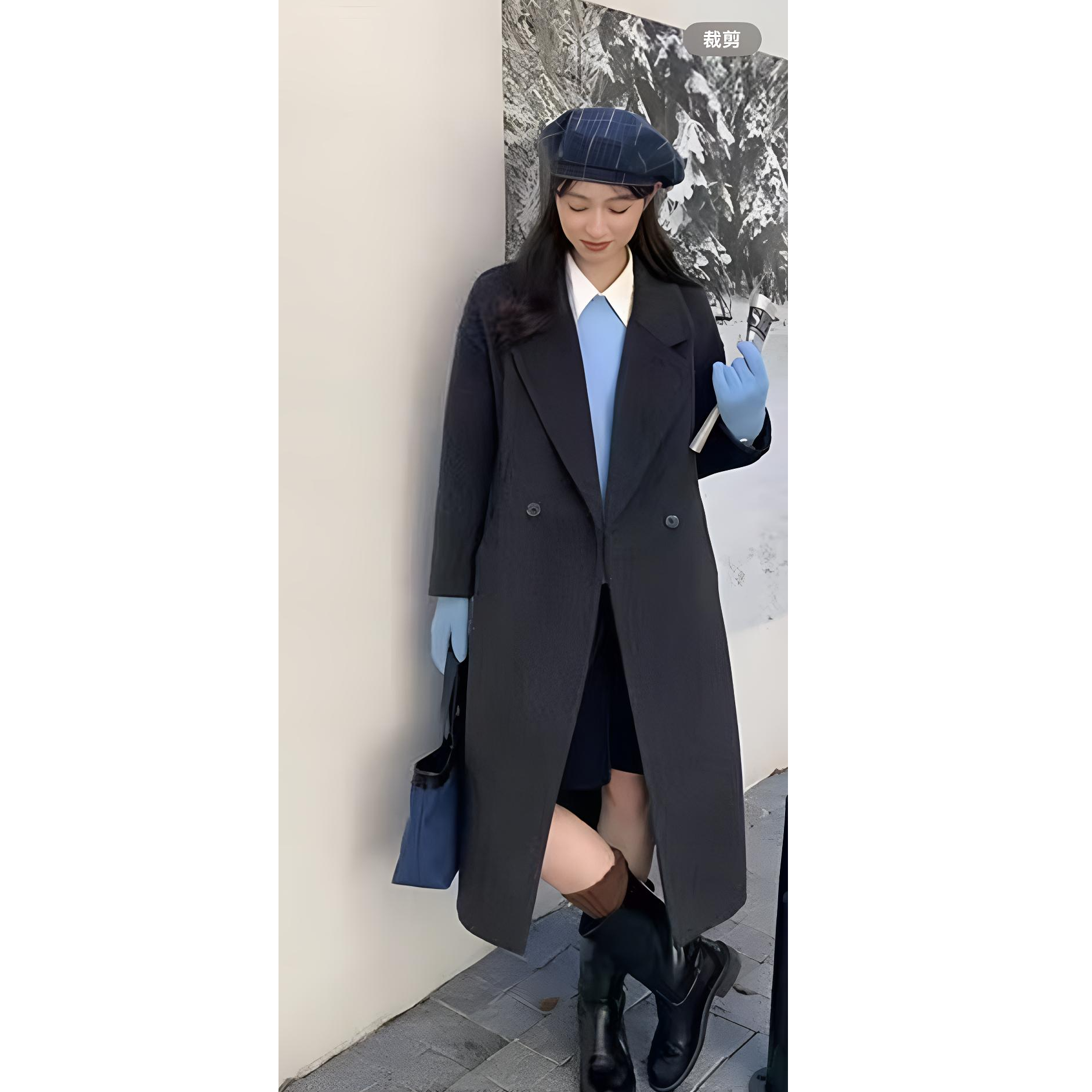 宽松型女长款加绒加厚款毛呢外套秋冬美式慵懒风时尚气质大衣高级