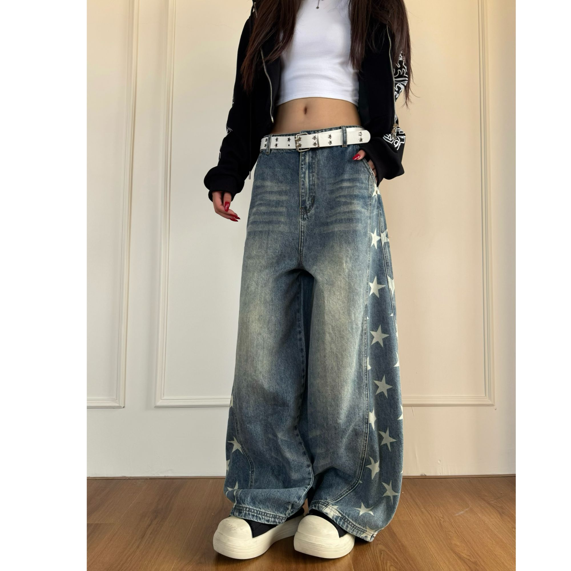 班觉罗美式设计感星星数字印花阔腿牛仔裤男女宽松潮流百搭长裤