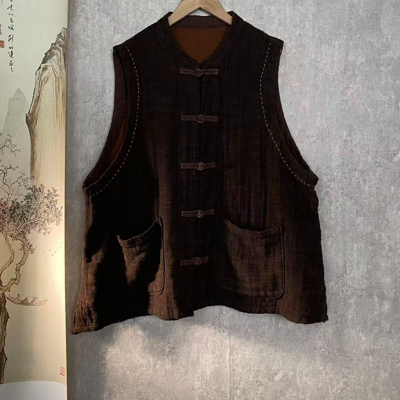 芬雅亚麻炒色工艺重工盘扣复古做旧马甲长66胸围130