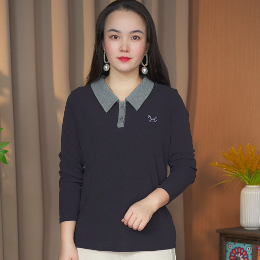 秋季减龄长袖衬衫翻领大码T恤女装打底衫