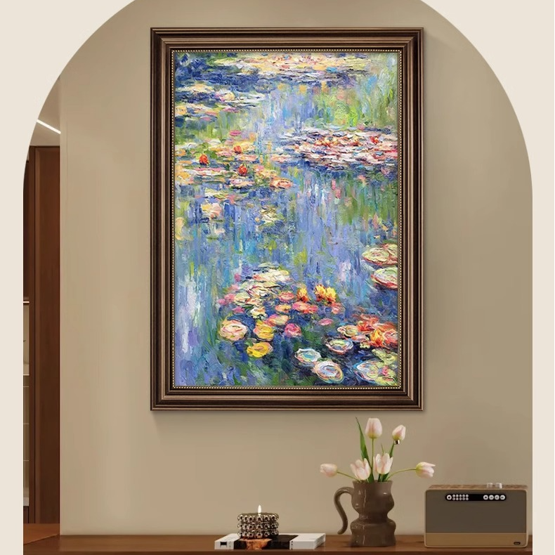 莫奈装饰画睡莲油画高级感玄关挂画手绘名画走廊过道壁画客厅新款