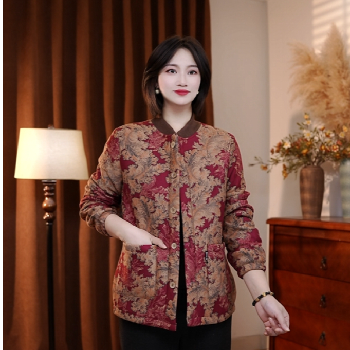 冬季新款（加绒加厚）棒球服凤尾花宽松中年妈妈装保暖棉衣外套