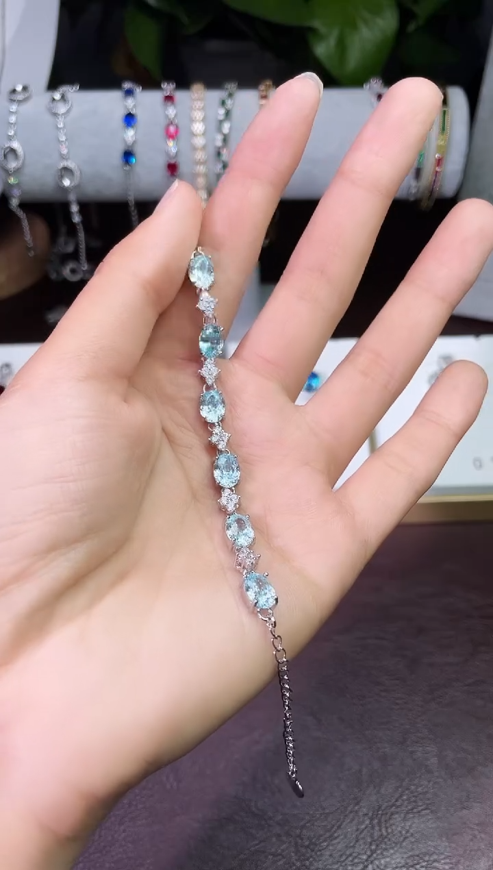 足铂镶嵌合成（培育）蓝宝石手链冰蓝手链