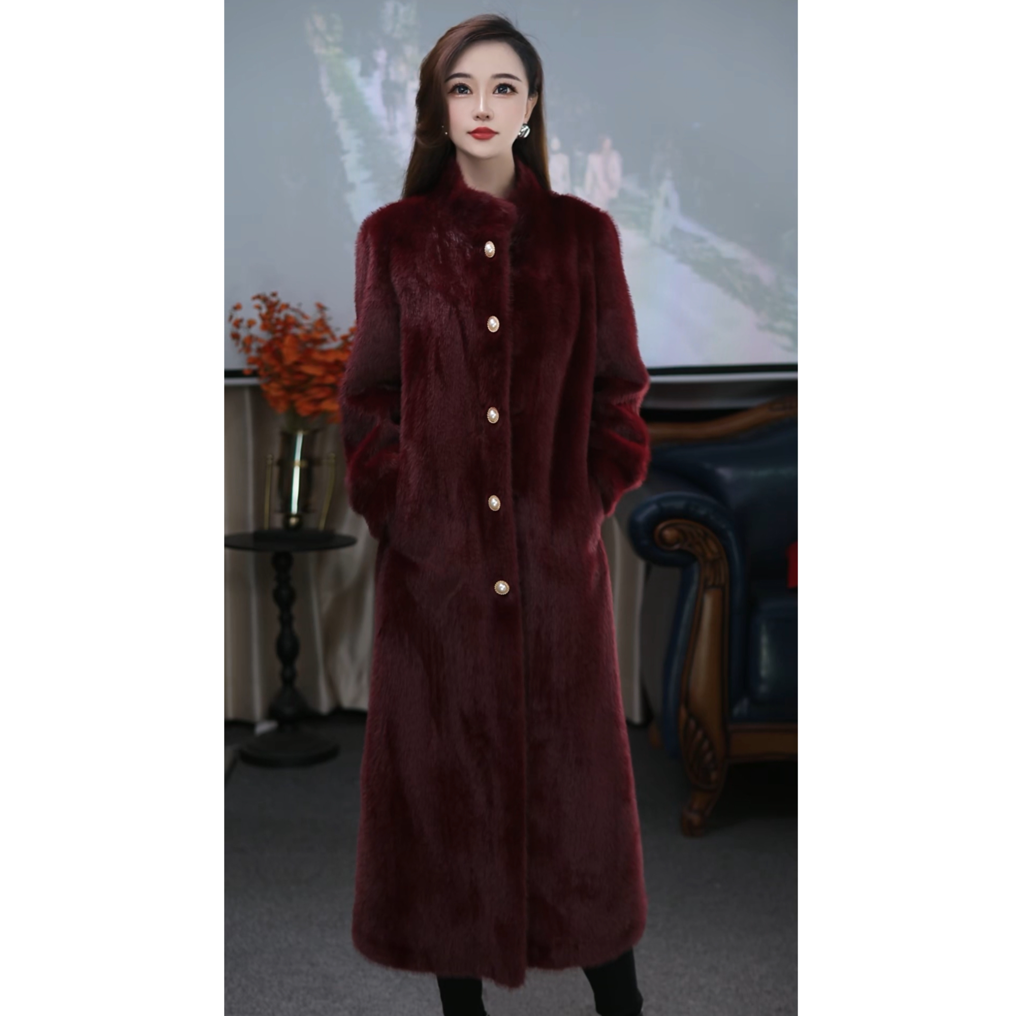 820长款冬装高贵时尚皮毛一体女式外套