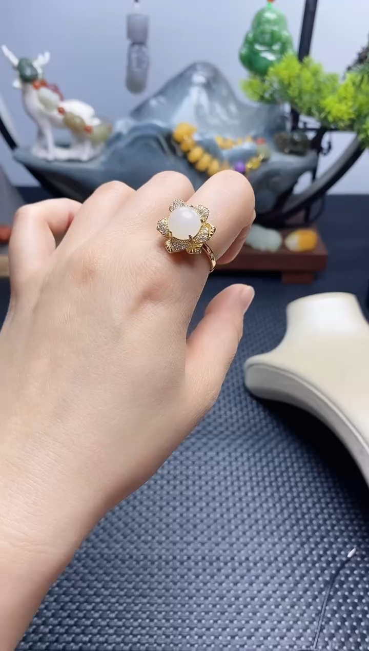 【闪购商品】石英质玉（金丝玉）戒指银S925镶嵌是来运转戒指