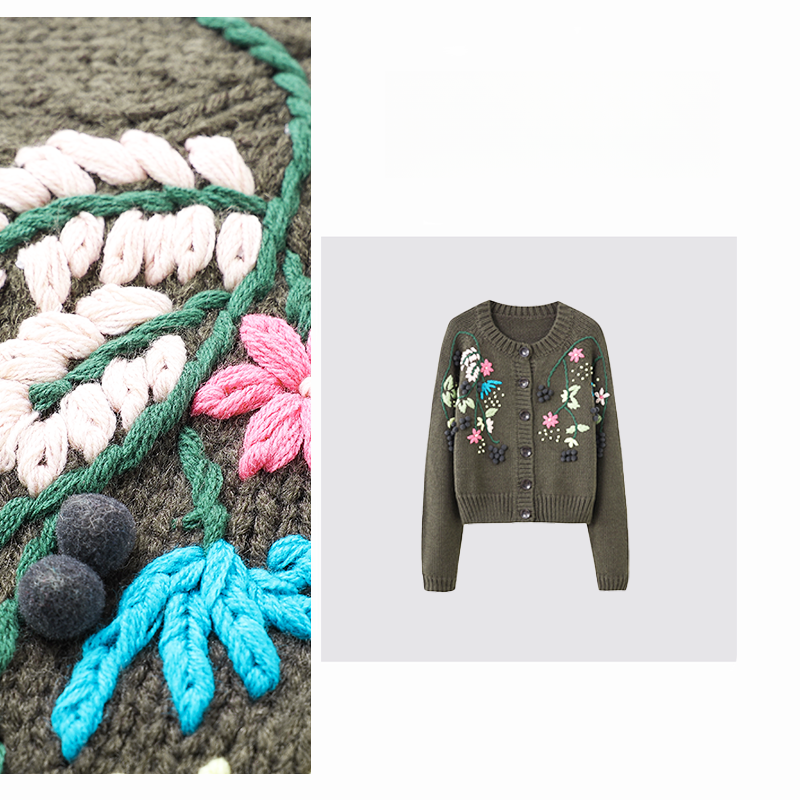  橄榄绿超重工彩色立体刺绣提花长袖毛衣外套-2099