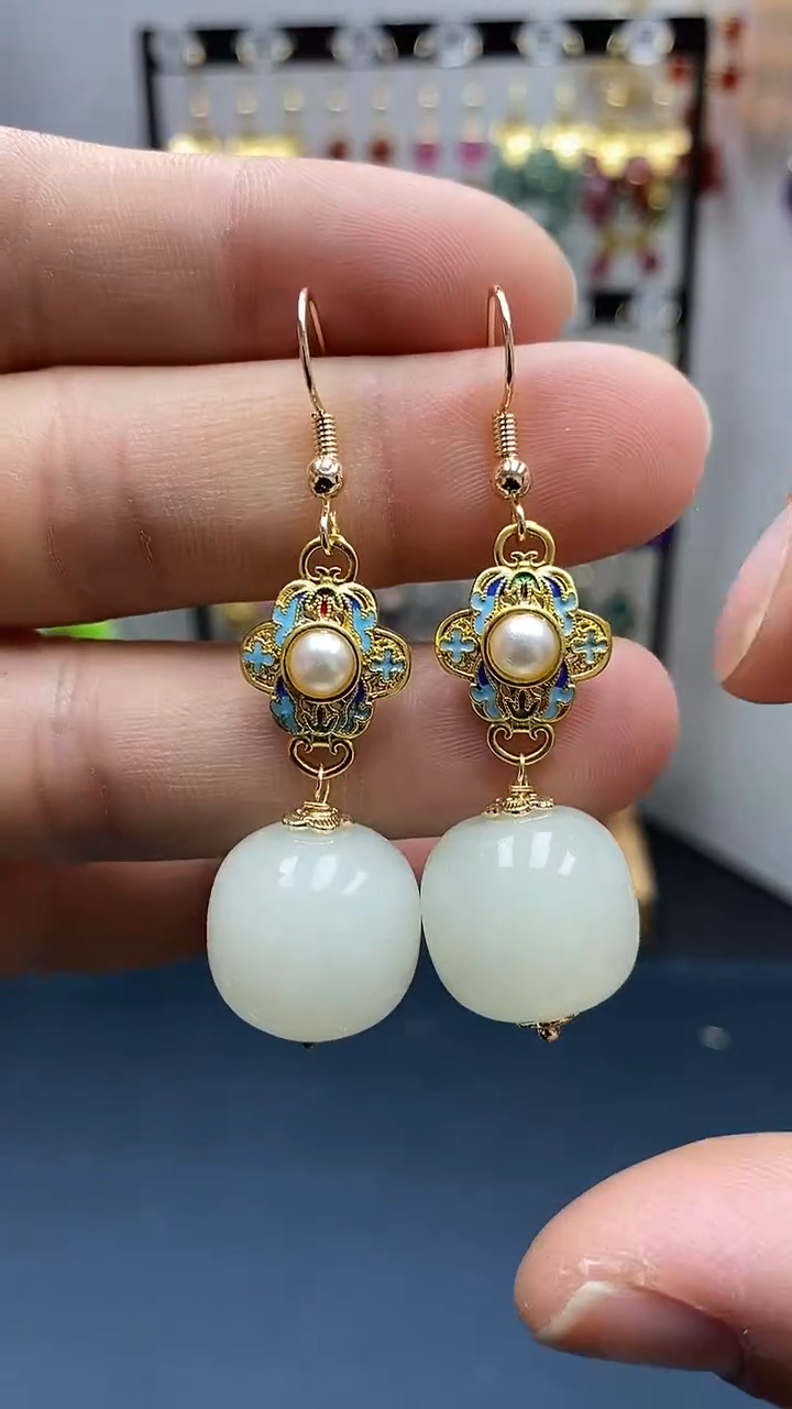 【闪购商品】和田玉耳饰银S925镀金镶嵌尺寸16mm桶珠A2