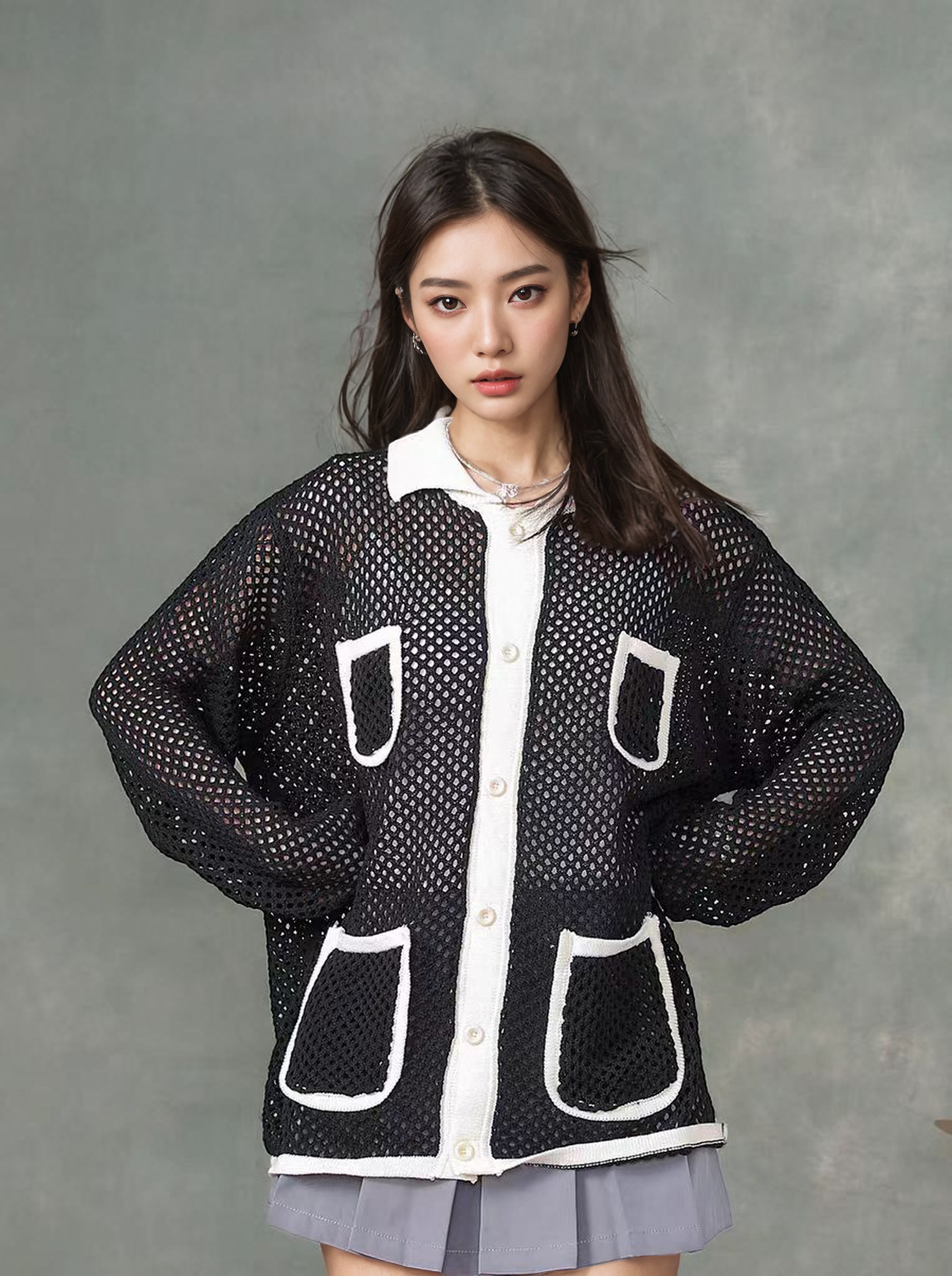 镂空撞色拼接针织开衫花边小香风外套春秋薄款方领休闲百搭81112