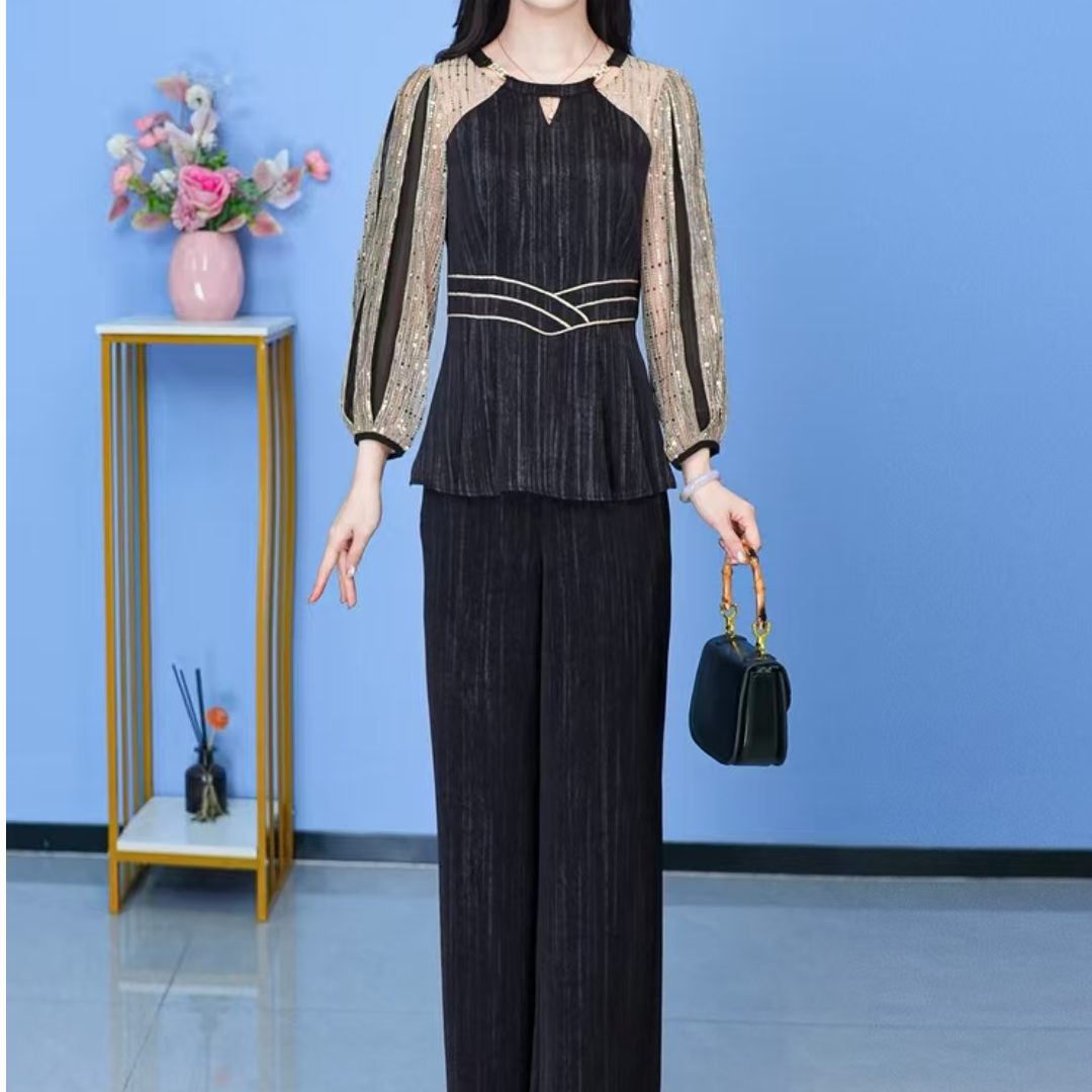 时尚套装2025春夏新款优雅减龄显瘦轻奢拼接上衣高腰阔腿裤两件套