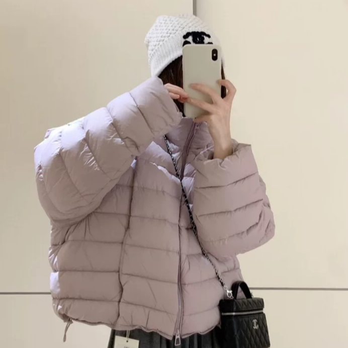 2025新款韩系立领排骨羽绒服简约蓬松保暖休闲外套配毛毛手套