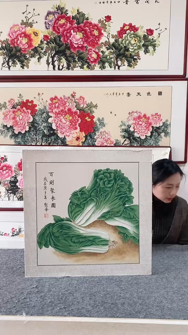 国画纯手绘国画65*65CM带框装饰字画