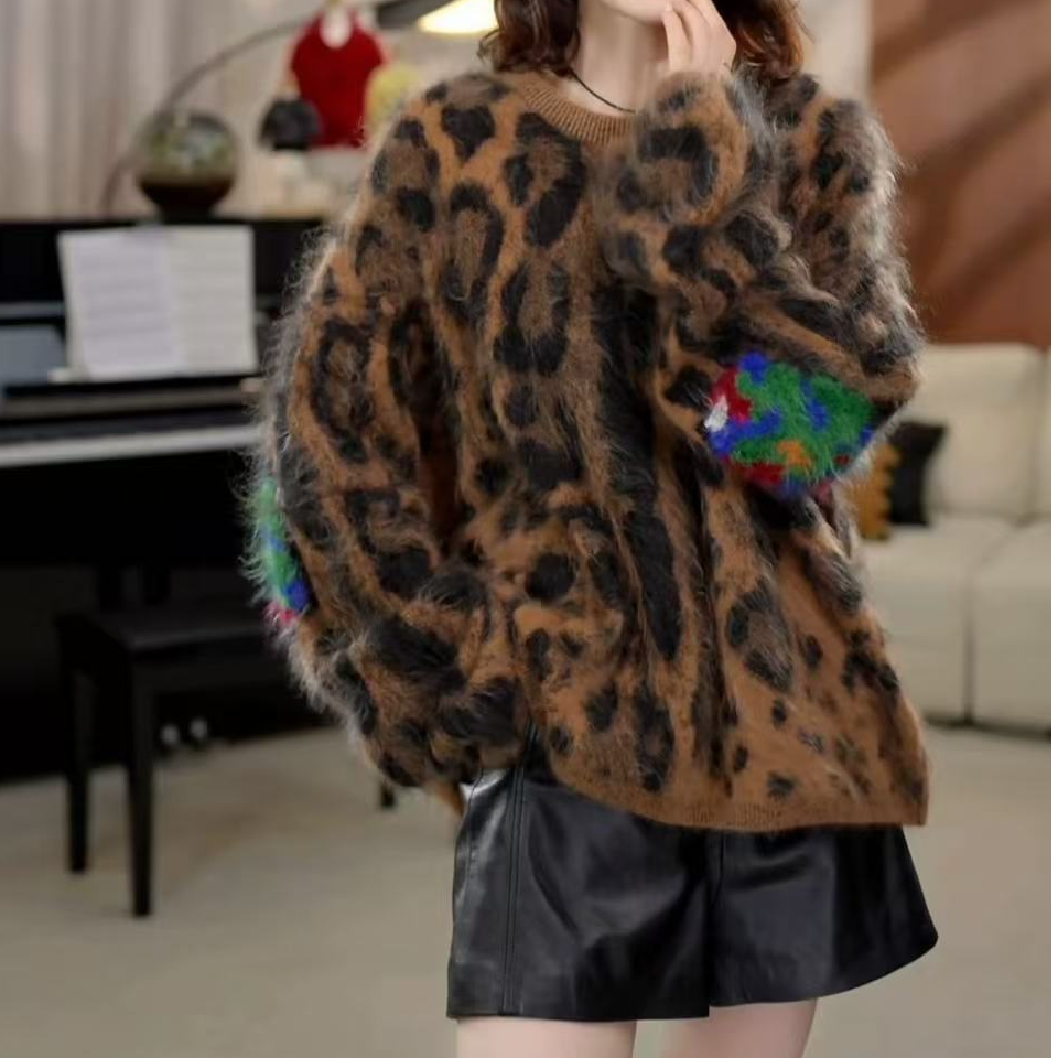 【豹纹】羊毛羊绒拉毛新款复古气质高级宽松圆领长袖设计感豹纹上衣