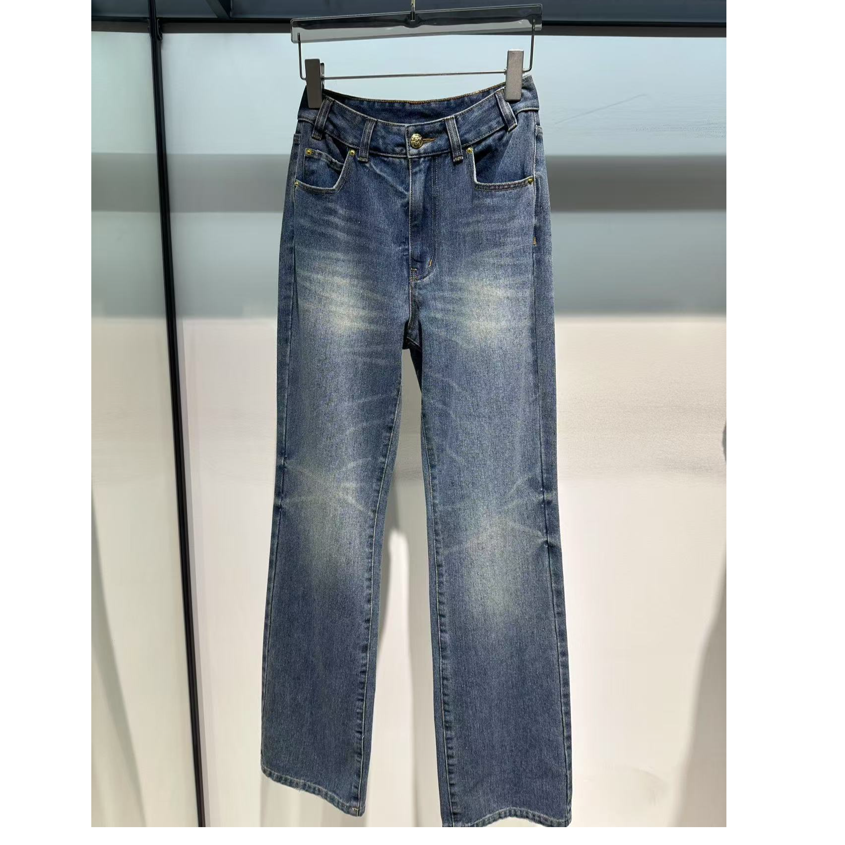 高腰水洗蓝直筒牛仔裤0093