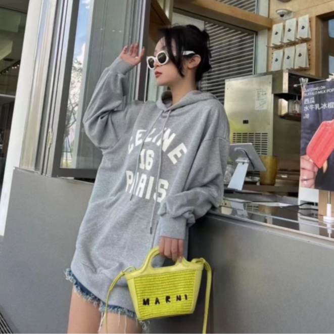 99新 Celine/思琳 汤/P235705374/灰色连帽长袖卫衣 L
