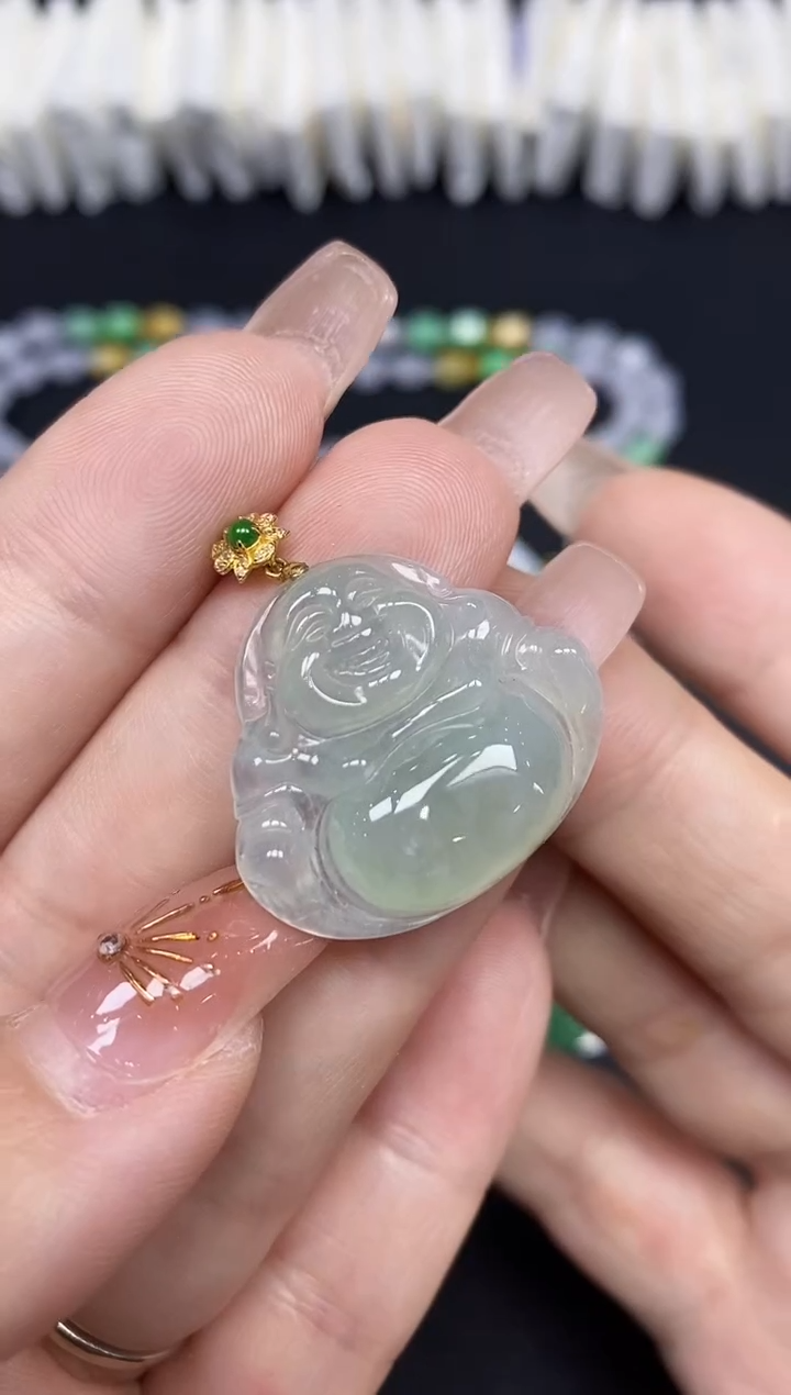 吊坠(不含链)18K金镶嵌翡翠佛公18K金扣镶嵌@@CMT1379-1