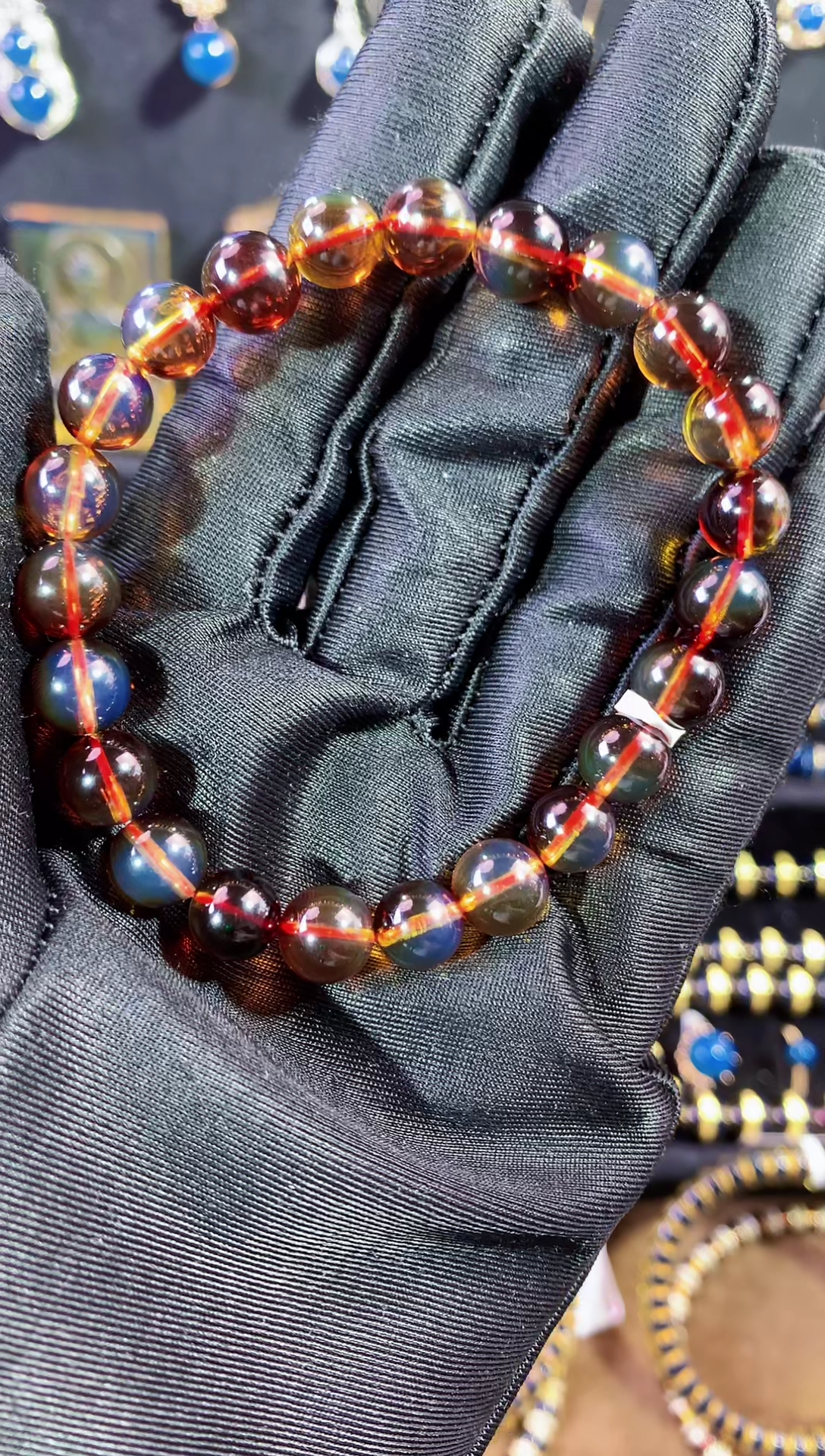 【闪购商品】琥珀珠宝奇石银S925镶嵌8MM红蓝绿膜变色龙手串