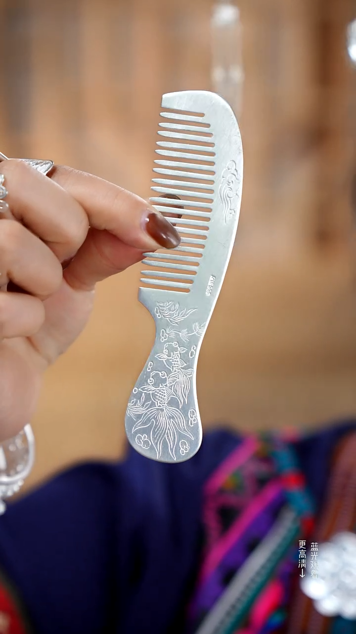 珐琅足银999双锦鲤带把手银梳子53.4克