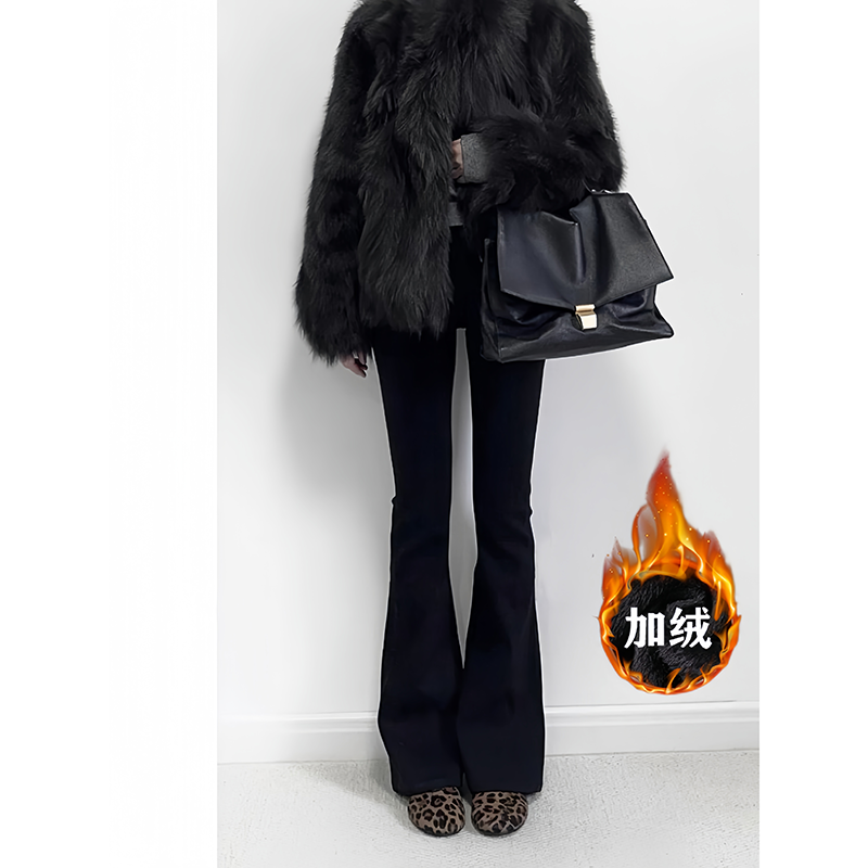 【现货+运费险】加绒黑色微喇弹力牛仔裤女秋冬高腰显瘦修身小个子b