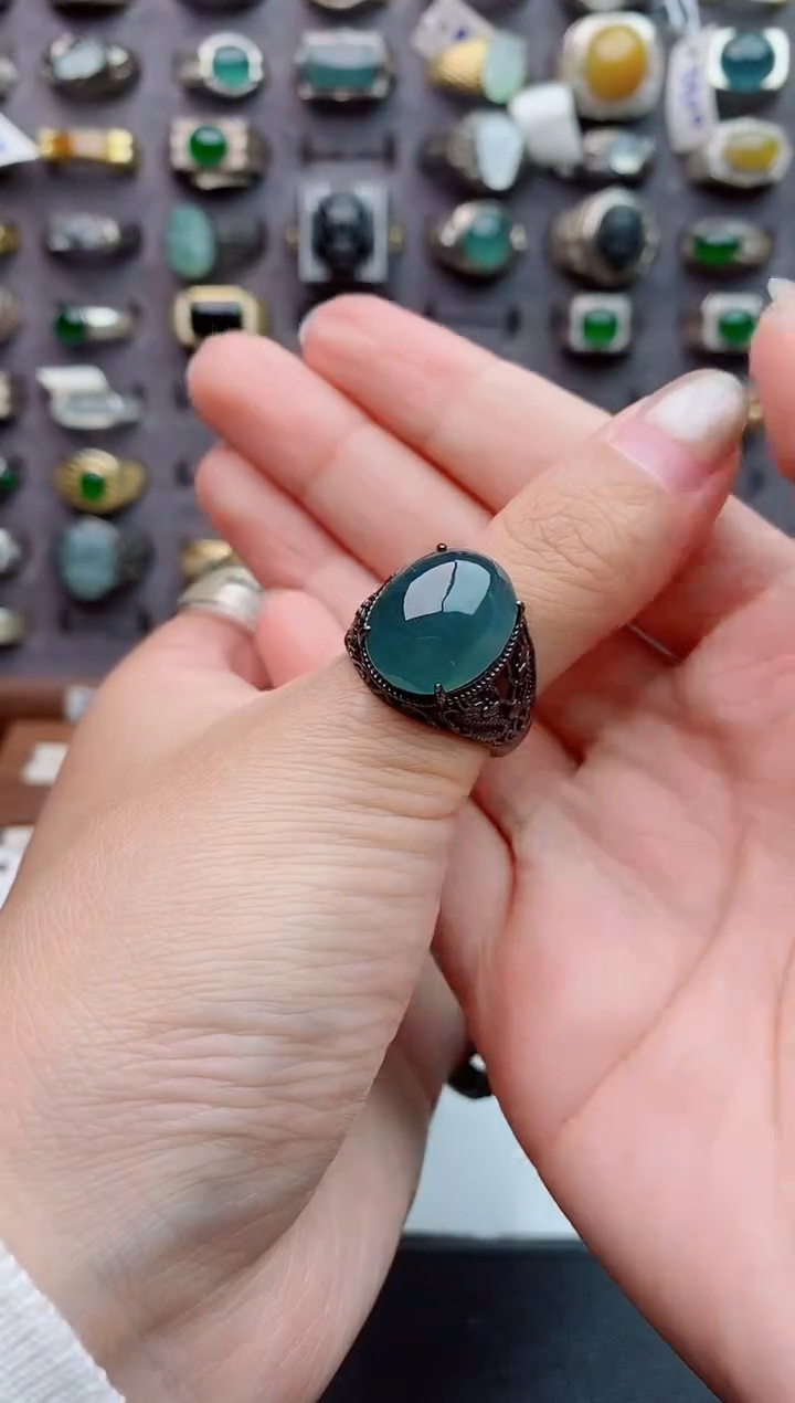 银S925镶嵌戒指翡翠天然翡翠男戒