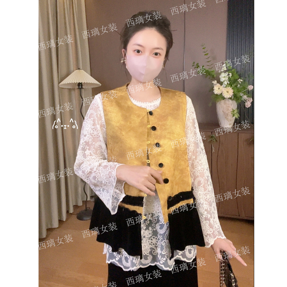 【金秋】丝绒拼接宽松圆领马甲时尚新中式国风马夹女士秋季无袖休闲
