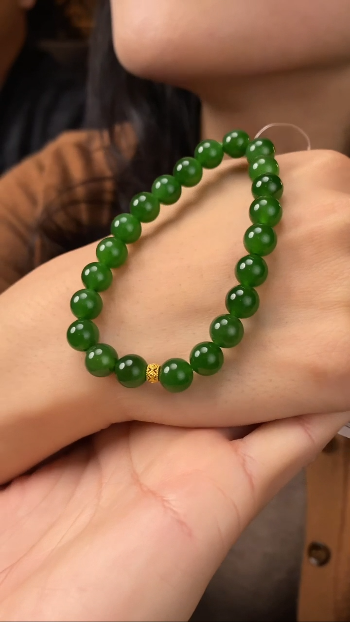 【闪购商品】和田玉碧玉手串18K金镶嵌【玉道侠侣】辣绿微黑点8MM