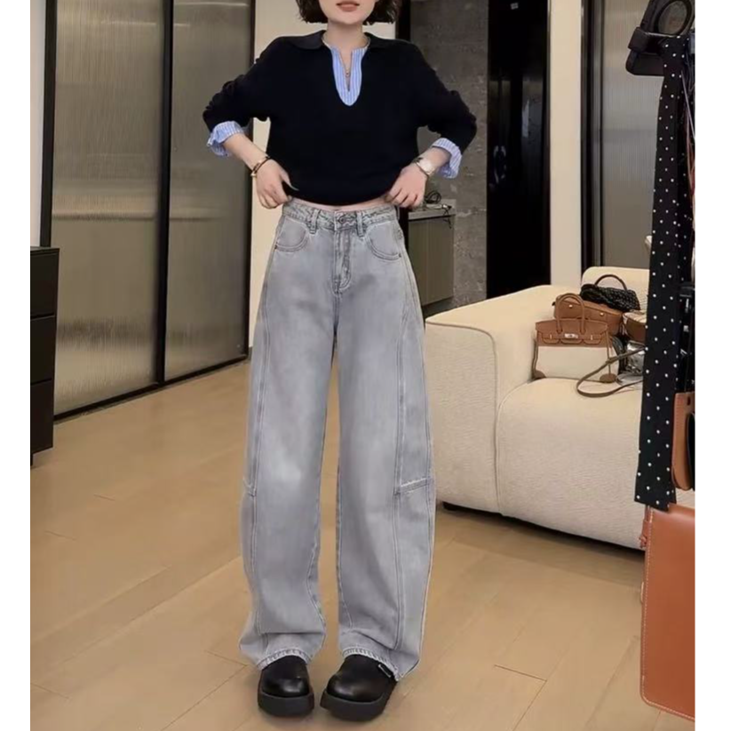 韩秀谷春季陨石灰牛仔裤弯刀裤2025春款高腰时尚显瘦牛仔裤5127