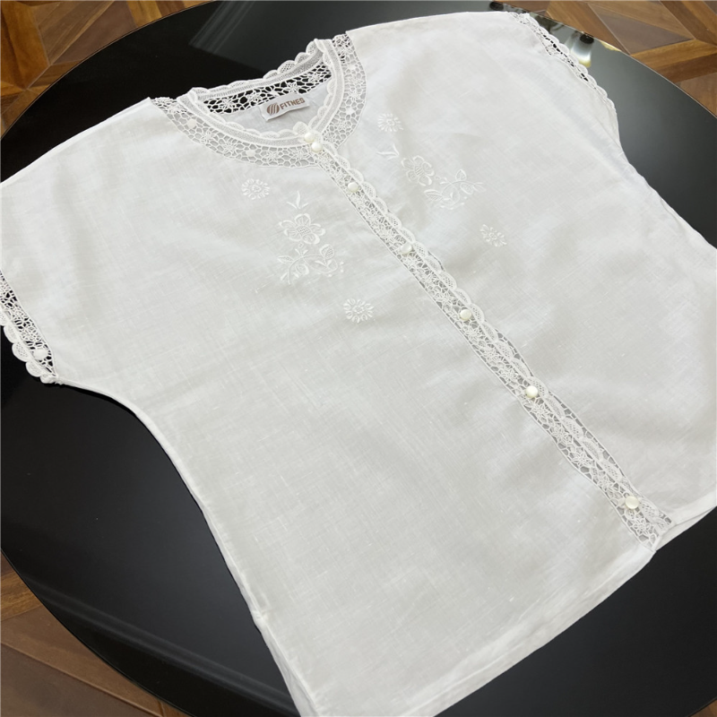 国华家BJ15白色麻质(XXL码)手工万缕丝扎目绣雕平绣上衣/家居服