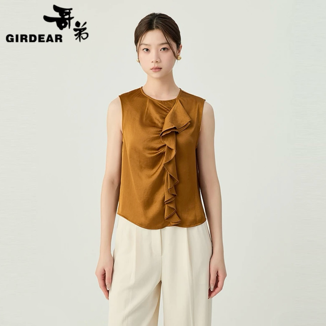 GIRDEAR/哥弟夏季通勤轻薄女荷叶袖新中式洋气无袖衬衫1301001