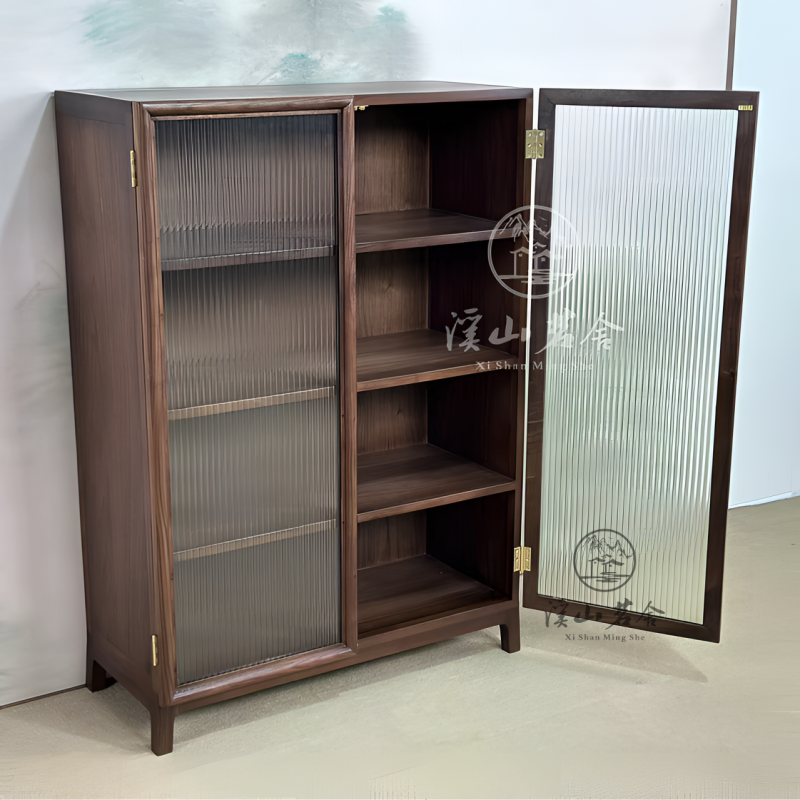 【新品】黑胡桃木长虹玻璃双开收纳柜博古柜餐边柜新中式储物柜