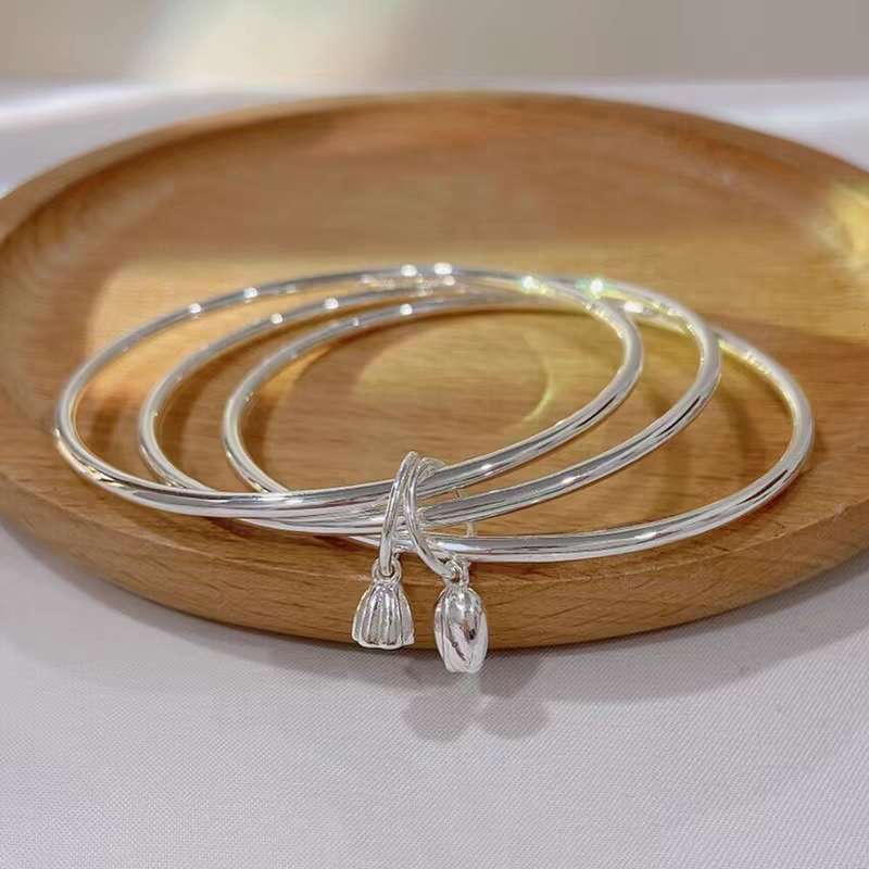 足银手镯 足银三生三世莲蓬两世欢手镯 实心时尚经典简约闭口