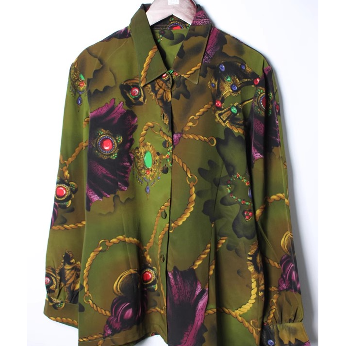 长袖常规款百搭香云纱国风衬衫女装印花圆领国风衬衣绿色外套