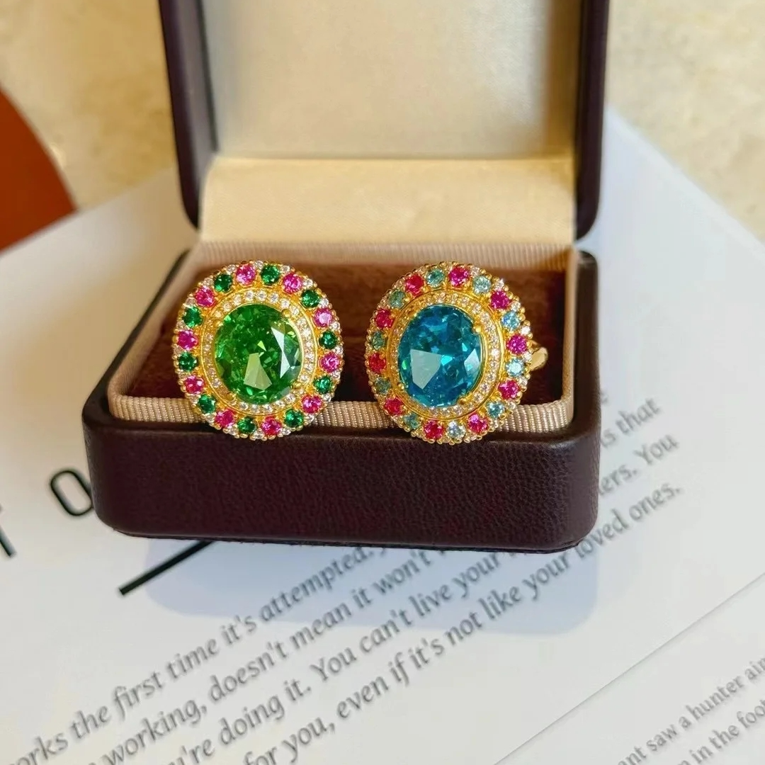 黄金足金999 时尚草帽-绿-蓝-椭圆复古宫廷百搭优雅黄金戒指