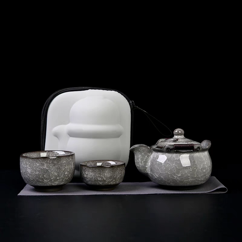 黑冰手抓壶快客杯一壶二杯冰裂纹陶瓷旅行茶具套装户外随身泡茶壶