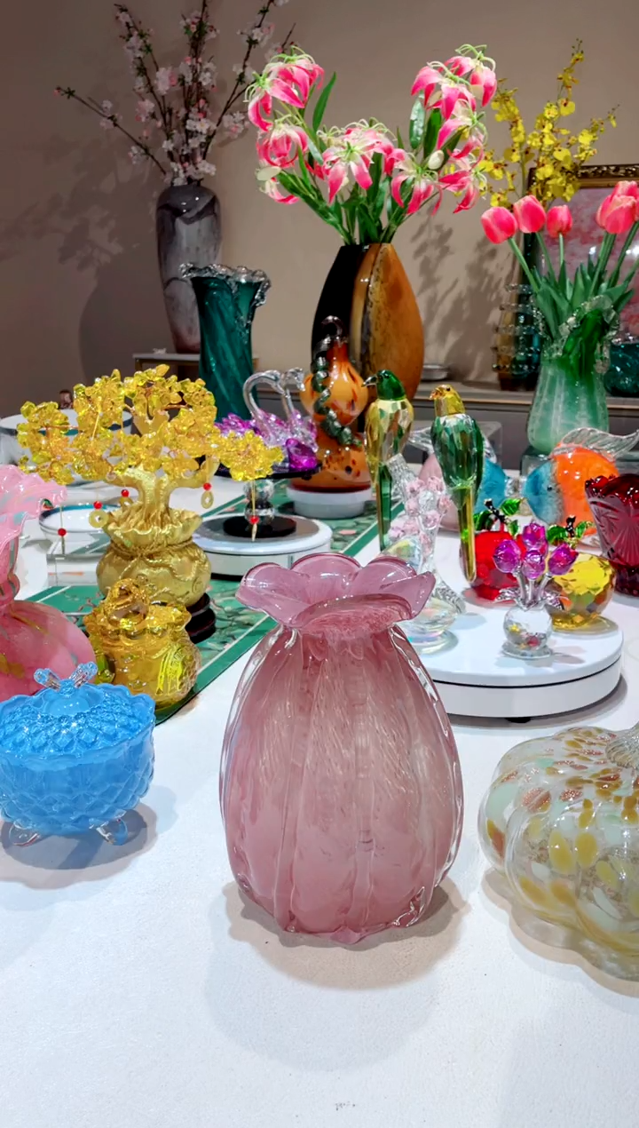 【闪购商品】琉璃手工艺品紫粉荷包花瓶 微瑕