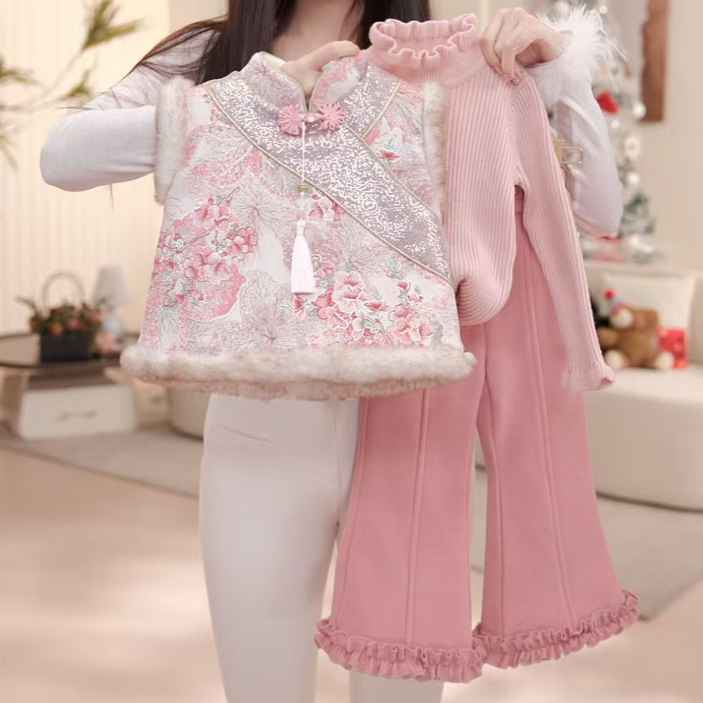 【斗百花】女童秋冬加厚旗袍裙唐装公主中国风套装女孩三件套D17800