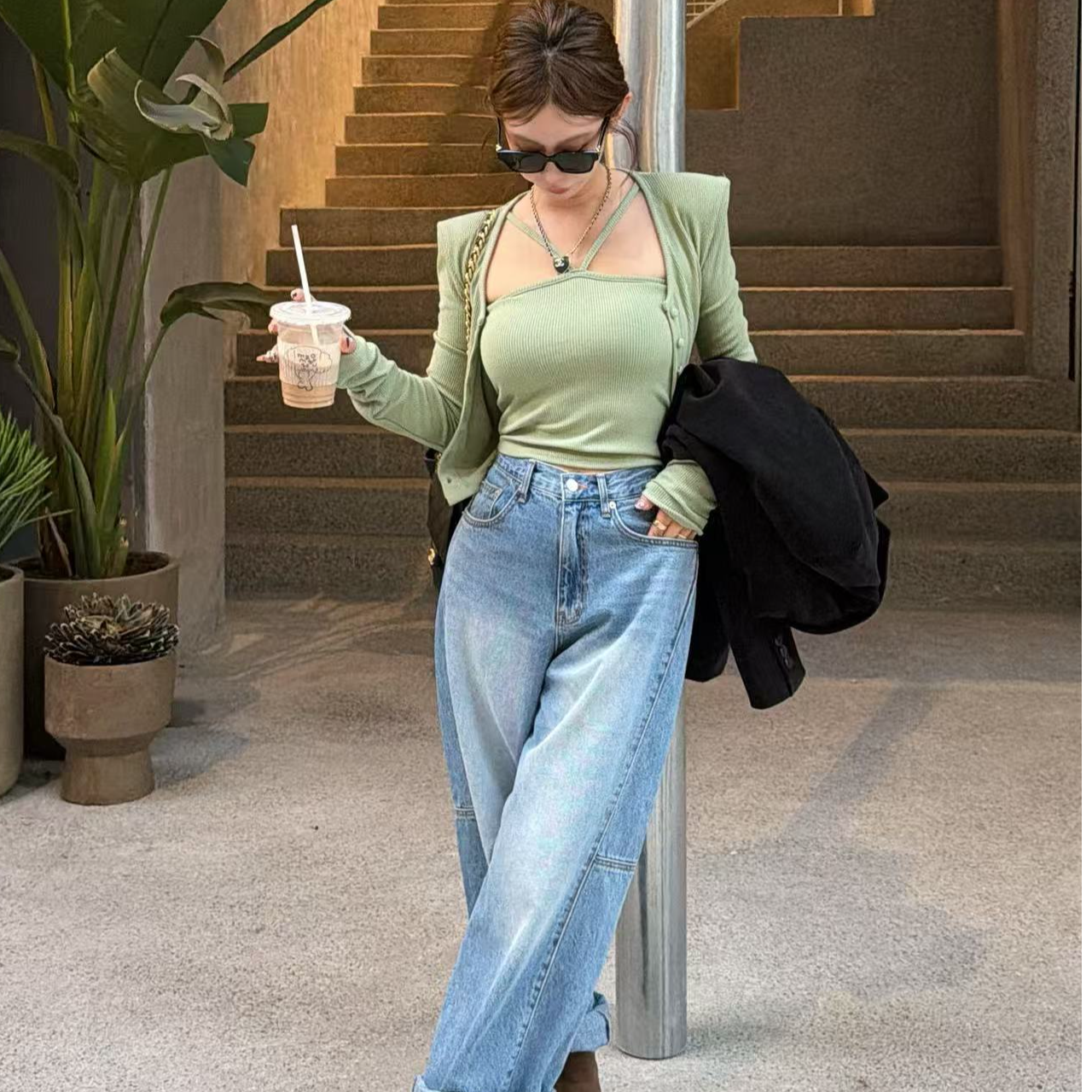 【YKL】薄雾山樱 橄榄绿吊带开衫两件套蓝色侧拼接牛仔直筒裤